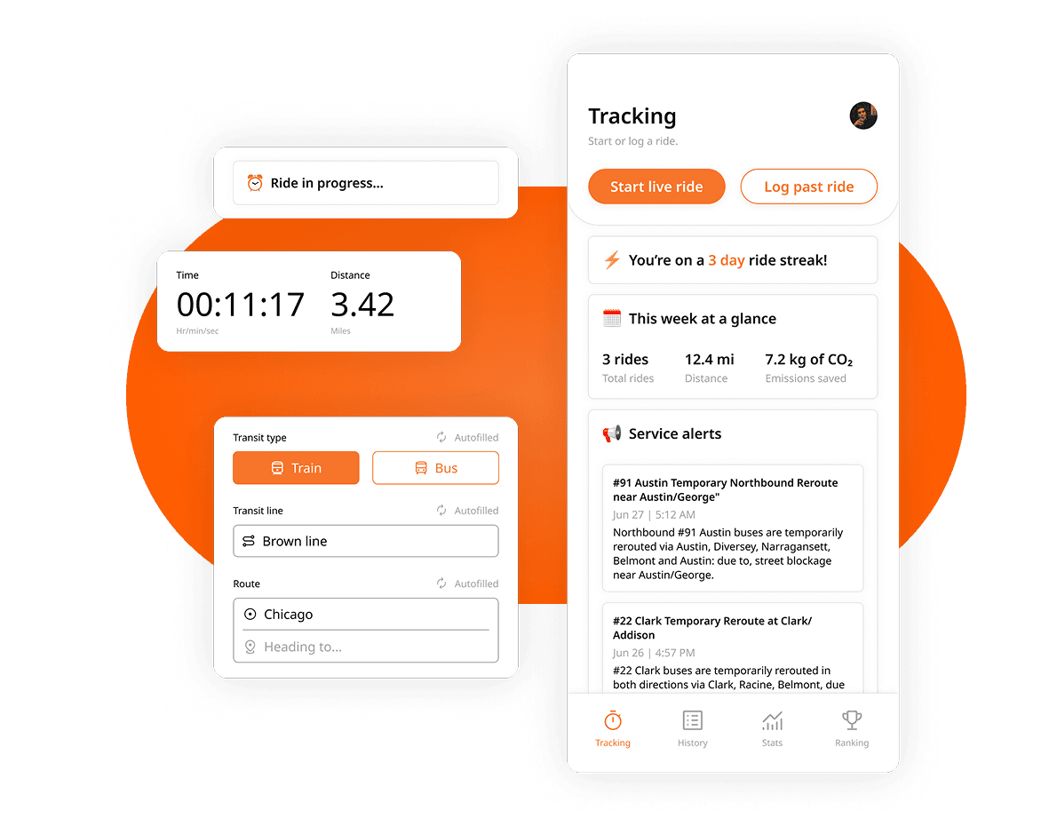 CTA tracker feature showing real-time Chicago transit ride logging with distance, time, and route details